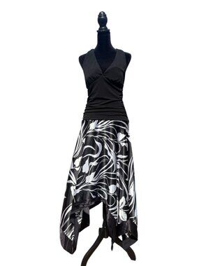 Y2K halter dress sharkbite hem handkerchief bottom women's L floral pirnt